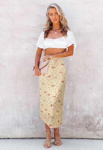 Image of HERBATOMIA Women's Floral Print Midi Skirt Casual High Elastic Waist Zipper Vintage Long Boho Skirts for Women