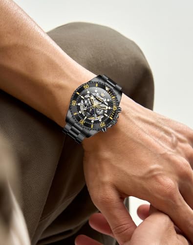 Image of OLEVS Men Automatic Watch Diamond Skeleton Mechanical Luxury Self Winding Moon Phase Calendar Waterproof Wrist Watch for Men