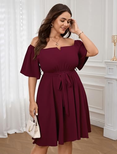 Image of SCOMCHIC Womens Plus Size Cocktail Dress Summer Off Shoulder Short Sleeve Flowy Ruffle A-Line Cute Mini Dress with Belt