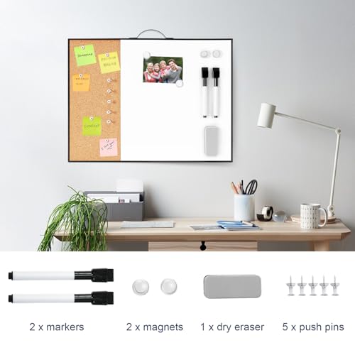 Image of Small Cork Board Whiteboard Combo - 12 inch X 16 inch Portable Aluminum Black Framed Magnetic Dry Erase Board for Wall, Mini Bulletin CorkBoard with a Handle for Office, Home and School