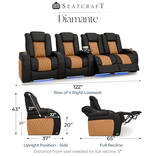 Image of Seatcraft Diamante Black /Tan Oak Italian Leather Home Theater Seating, Zero Gravity Power Recliner, Gaming and Home Office Chair, Powered Headrest Furniture for Cinema Room, Row of 4 Right Loveseats