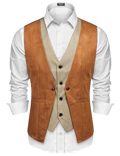 Coofandy Men'S Suede Leather Vest Layered Style Dress Vest Waistcoat cover