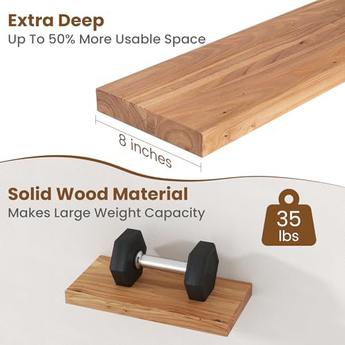 Image of Floating Shelves for Wall Decor, 8 inch Deep Rustic Solid Elm Wood Floating Shelves Wall Mounted, Wall Shelves with Invisible Bracket for Living Room Bathroom Bedroom Kitchen, 16 Inch Set of 2, Natural