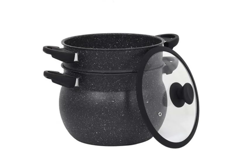 Couscoussier Antiadhérent 5L avec Revêtement Effet Pierre - Compatible Tous Feux, Induction, Couvercle en Verre Trempé