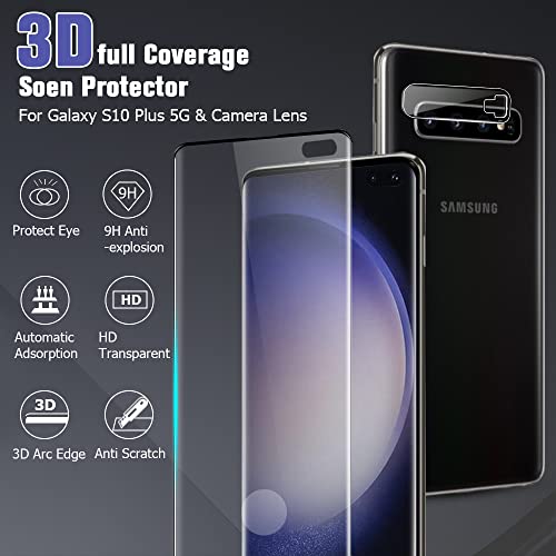 [2+2Pack] Galaxy S10 Plus Screen Protector Tempered Glass + Camera Lens Protector [9H Hardness][Compatible Fingerprint] 3D Curved Hd Clear Glass Film For Samsung Galaxy S10 Plus /S10+ (6.4 Inch) #TOP1