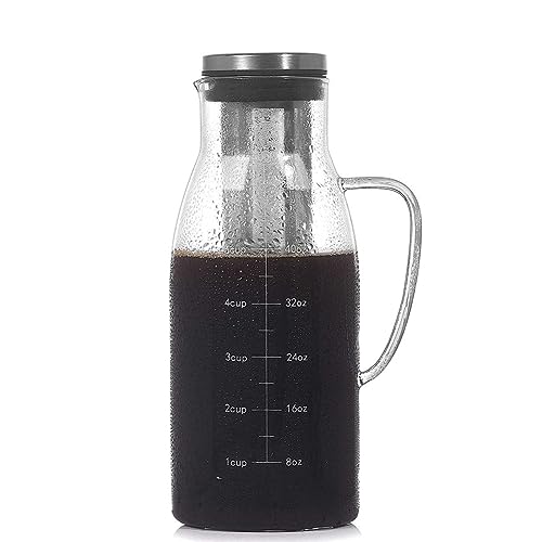 CANDeal Cold Brew Iced Coffee Maker, Glass Iced Tea & Coffee Cold Brew Maker and Pitcher with Silicone Cap & Removable Stainless Steel Filter,Tea Infuser with Spout (50oz)