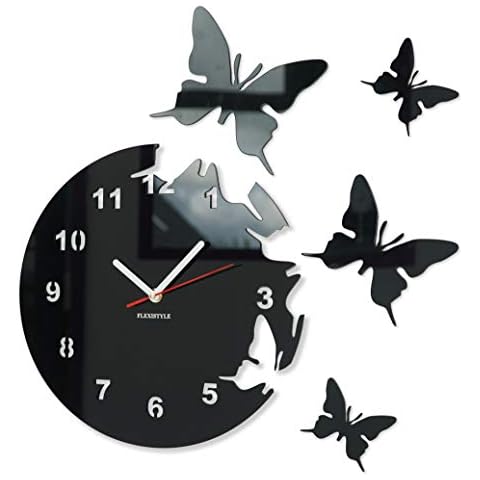 FLEXISTYLE Modern wall clock BUTTERFLIES circular, no ticking (Black) Cover