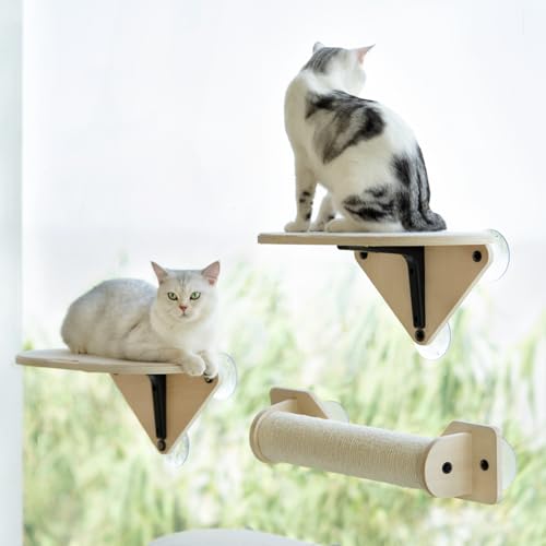 Image of MEWOOFUN Window Perch Hammock with Climbing Steps and Scratching Post - Wooden Window Mounted Cat Bed (3 Pcs Cat Climber Set)