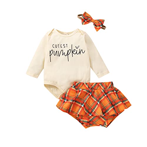 Madjtlqy Baby Girl 3PCS Halloween Clothes Set Pumpkin Letters Printed Short Sleeve T-Shirt + Plaid Shorts + Headband (Cutest Pumpkin, 2-3T)