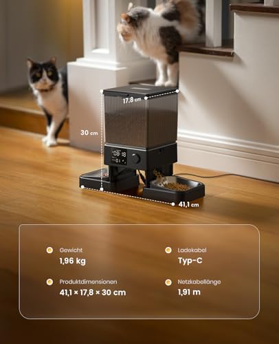 oneisall 5L Futterautomat Katze 2 Näpfe, Katzenfutter Automat mit einem Knopf, Einfache Bedienung, Futterspender für Katzen/Hunde, mit Edelstahlschüssel, Voice Recorder, für kleine/mittlere Haustiere