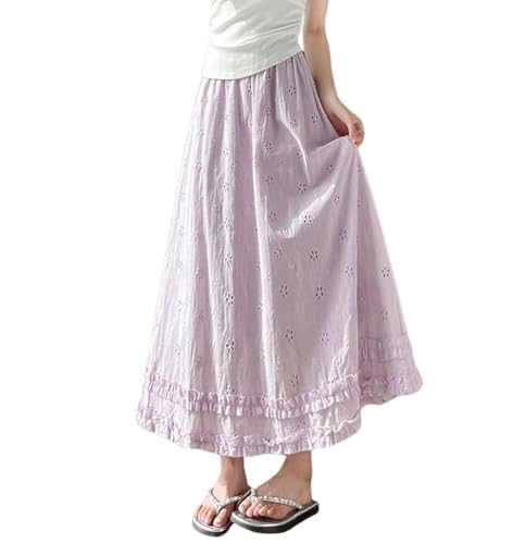 chouyatou Women's Lace Embroidery Eyelet Boho Skirt Elastic Waist Frilly Ruffle Swing Long Skirt