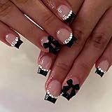 French Tip Press on Nails Short Square Fake Nails with Rhinestone Designs Black French Tip False Nails - Bow Full Cover Glossy Stick on Nails Black Reusable Acrylic Nails for Women