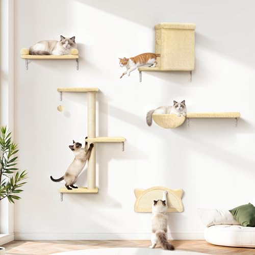 Estantes de pared para gatos 5 en 1 en madera y terciopelo beige miniatura 1