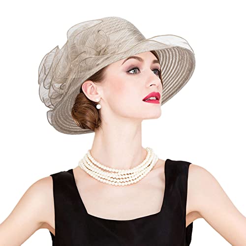 Women Organza Sun-Hats Wide-Brim Church-Hats for Tea Party Bridal Wedding Dress Hat Khaki