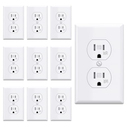 AIDA 15 Amps Duplex Outlets and Wall Plates Bundle,Weather Resistance & Tamper Resistant Electrical Receptacle, Wall Outlet,2 Pole,3-Wire, Self-Grounding, NEMA 5-15R,UL Listed 10 Pack, White