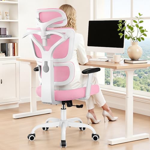 Image of Ergonomic Office Chair High Back Desk Chair with Lumbar Support, Breathable Mesh Computer Chair with Adjustable Armrests Height, Reclining Swivel Big and Tall Gaming Chair for Home Office(Pink)