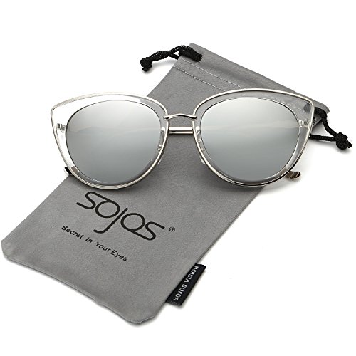SOJOS Retro Fashion Cat Eye Women Sunglasses Metal Frame Mirrored Lenses SJ1002 with Silver Frame/Silver Mirrored Lens