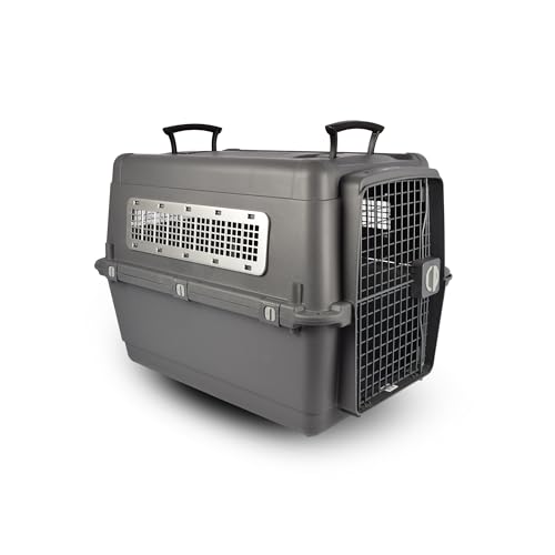 Dunkelgrau Transportbox Hund | Bis 28 kg | Tür mit Drehschloss und zusätzlichem Sicherheitsschloss | 2 Griffe und 4 abnehmbare Räder | 80×65.5×56 cm | Inklusive abnehmbarer Futternapf | Ideal für