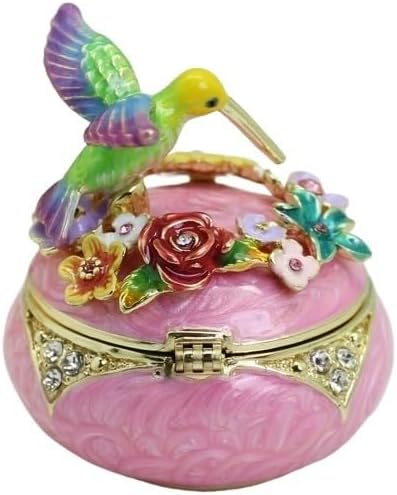 HUFFA Hand Painted Hummingbird Enamel Trinket Box | Jewelry Organizer for Dressing Table Decoration(green)