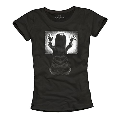 MAKAYA Magliette Film Cult Poltergeist T-Shirt Horror Donna Nera L