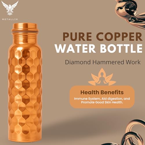 Image of Metallix Copper Water Bottle 1 Ltr | Copper Bottle for Men & Women | 100% Pure Copper | BPA Free & Leak Proof | Easy to Carry | Suitable for Yoga, School & Office (Daimond Hammered)