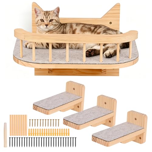 Hamaca de Pared para Gato Con 3 Escalones, Mueble Con Cubierta de Peluche, Rascador para Jugar, Escalar y Dormir