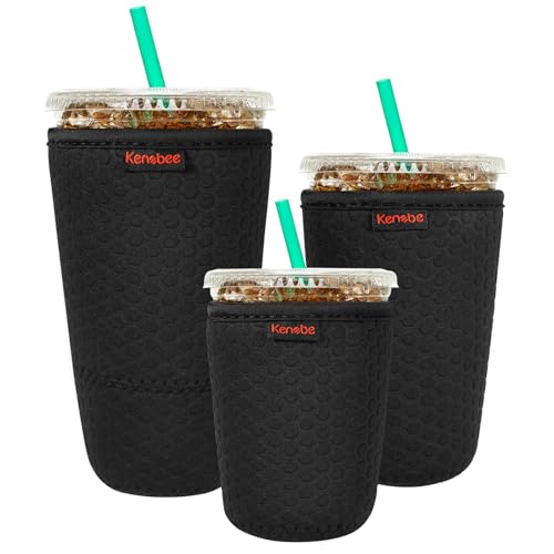 KENOBE 3 Pack Neoprene Insulator Sleeve for Iced Coffee Cups, Reusable Cooler Sleeves for Iced & Hot Drinks, Universal Fit 16-32 oz Cups Beverages, Compatible with Starbucks Dunkin Coffee and More