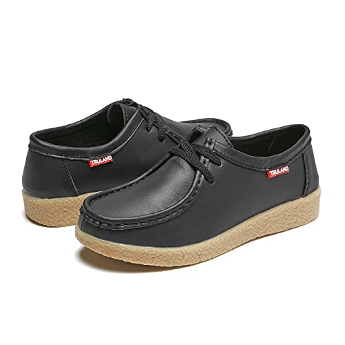 Image of TRULAND Leather Oxford Shoes for Women - Suede Lace Up Moc Toe Low Platform Flat Wallabees Shoes