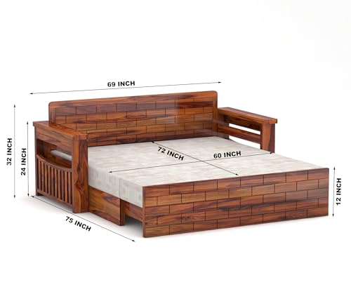 Image of Solid Sheesham Wood Diwan Bed for Living Room & Bedroom | Modern Wooden Sofa Cums Bed with Side Storage Rack | Multipurpose Day Bed for Home Furniture (Honey Finish)