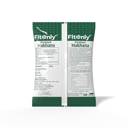 Image of FitOnly Authentic Mithila Makhana 500 gm | Directly From Mithila Farmers | High Protein Gluten-Free Snack | Directly from Mithila's Pond | Ideal for Fasting, Diet & Healthy Snacking| Pack Of 2 (250g x 2)