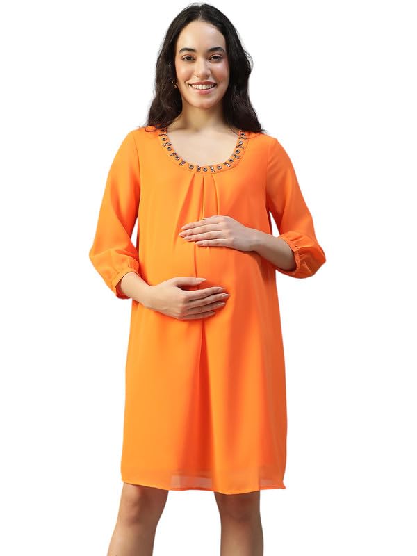 Women Polyester Party Dresses | Regular Fit Solid Solid Round Neck |Knee Length Flared Dresses for Women |Orange-image-49