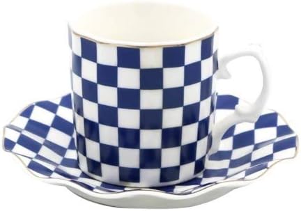 Porcelain China Espresso Turkish Coffee Demitasse Set of 6 Delicate Cups and Saucers (Blue Checkered Flag)
