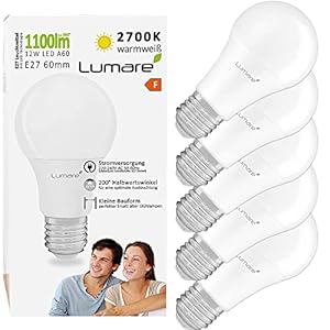 Lumare E27 LED-lamp 12 W vervangt 75 W gloeilamp 1100 lm set van 5 Watt Lumen A60 lampen 2700 Kelvin warm wit fitting