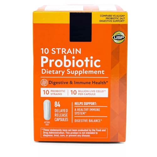 10-Strain Probiotic Digestive Care Supplement Capsules 10 Billion Live Cells Supports Digestive and Immune Health - 84 Count