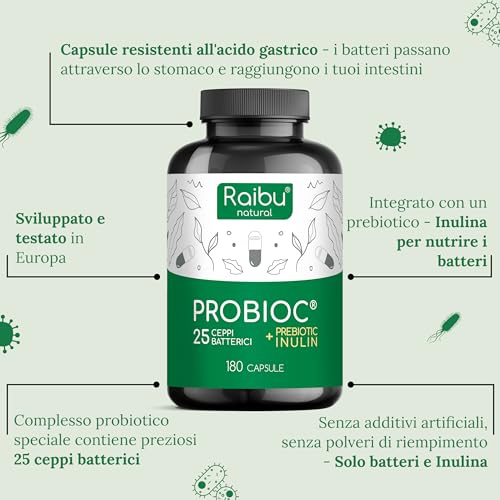 Probiotici Fermenti Lattici Probioc - 180 Capsule, 25 Ceppi Batterici con Inulina, 60 Miliardi UFC - Resistenti ai Succhi Gastrici, Alta Dosaggio & Inclusi Lactobacillus e Bifidobatteri - Raibu - 3