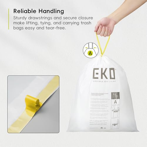 Image of EKO 1.6 Gallon / 3-6 Liter, 80 Count Small Drawstring Trash Bags, Extra-Strong Unscented Garbage Bags, Easy-Dispense Roll for Kitchen & Household Use, Resists Tears, Leaks and Punctures, Code A, White
