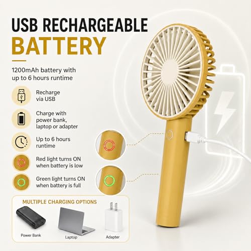 Image of TEQO Rechargeable Hand Fan 4800 RPM High Speed | 1200mAh Battery, Up to 6 Hours Runtime | Portable USB Fan with Mobile Stand & RGB Light | 3 Speed Personal Mini Fan for Travel, Makeup (Yellow)