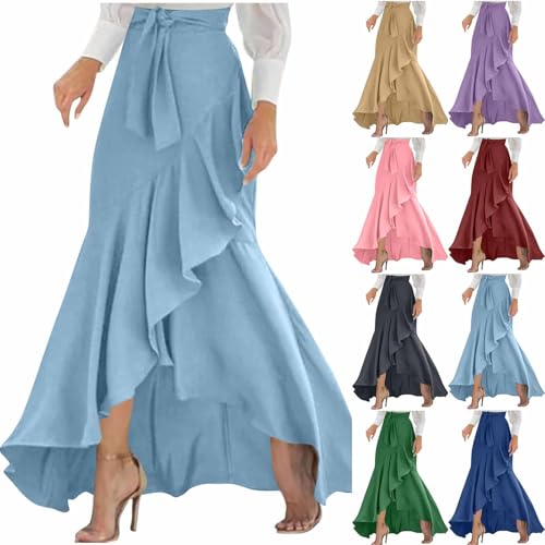 HGps8w Women's Ruffle High Waisted Wrap Skirts Tie Waist Elegant Adjustable Waistband Asymmetrical Maxi Skirt2