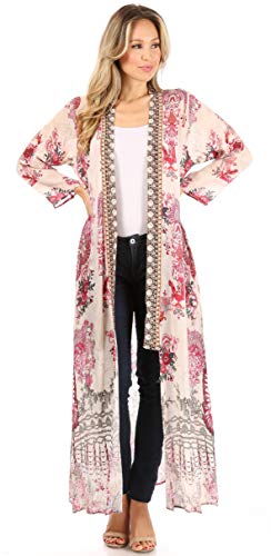 Image of Sakkas Iona Women's Casual Boho Long Kimono Cardigan Open Front Floral Print Loose