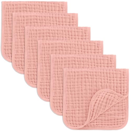 Image of Comfy Cubs Muslin Burp Cloths 20" x 10", Pack of 6 - Large, 6-Layer, Ultra Absorbent 100% Cotton for Baby Drool and Messes - Soft, Safe & Gentle Baby Burp Cloths Set for Boys & Girls - Bold Blush