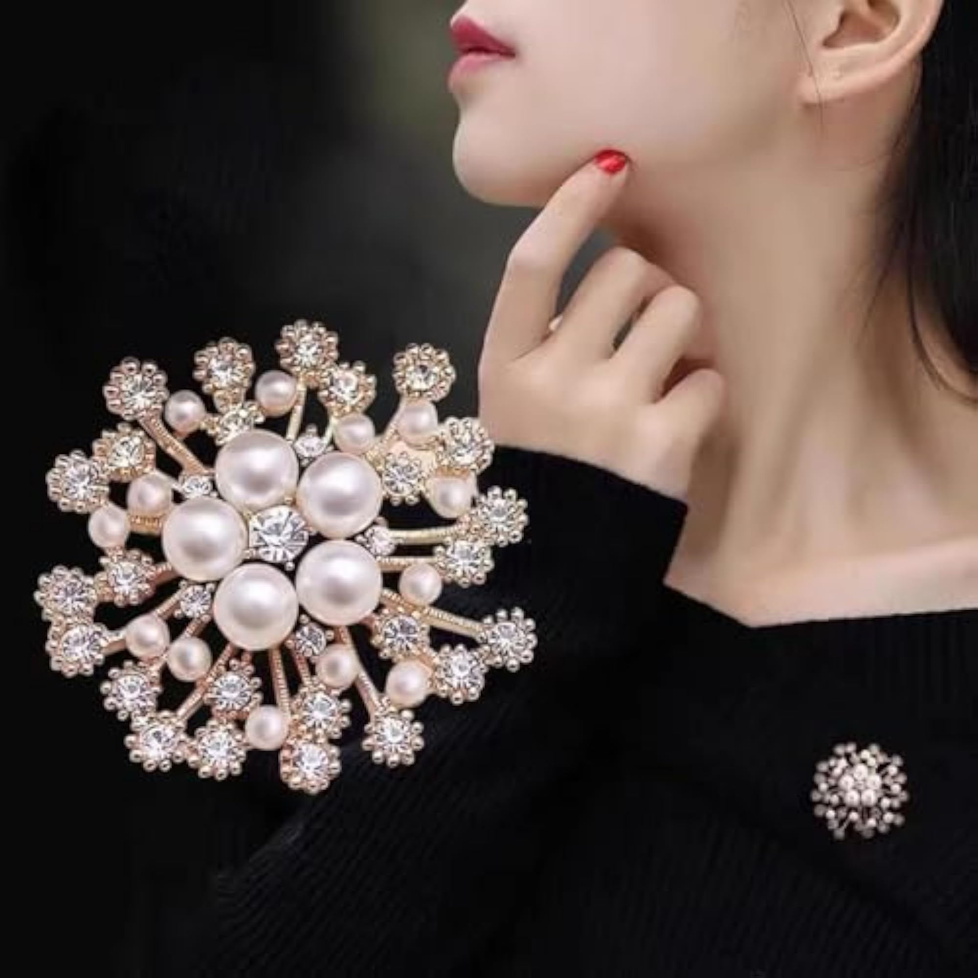 Pearl Crystal Snowflake Flower Brooch Pin Badge