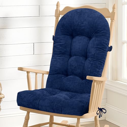 Image of ROFIEJOX Rocking Chair Cushion - Chenille Fabric, High-Density Sponge, Durable Comfort Double-Sided Tufted Seat Pads with Ties, Chenille︱Cobalt Blue, 44x19x4 inch