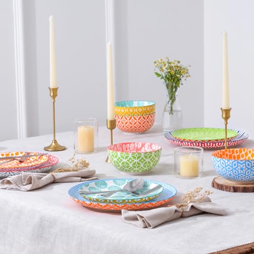 Image of Selamica Ceramic Plates and Bowls Sets,24 Pieces Dinnerware Sets for 8,Scratch Resistant Dish Set for family gathering,Dishwasher & Microwave Safe, Assorted Colors