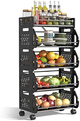 Rolling Storage Cart with Wheels, COORACK Kitchen Storage Carts Utility Cart with Handle, Fruit Vegatable Storage Cart Rack Bin for Kitchen Bathroom (5 Tier)