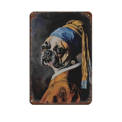 Cartel de metal vintage de bulldog francés con pendientes de perlas, para pub, club, cafetería, bar, hogar, decoración de pared, póster retro de 20 x 30 cm