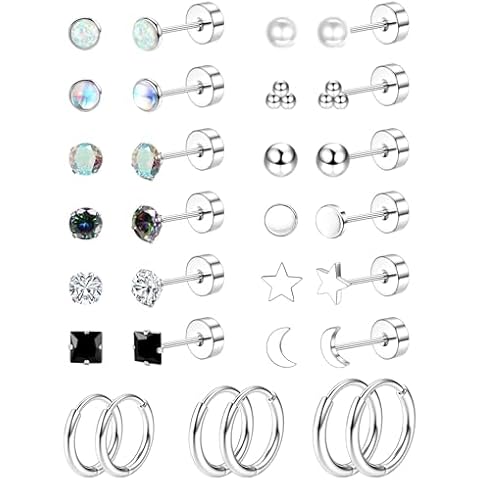 Jstyle Hypoallergenic Flat Back Stud Earrings for Women Men Surgical Stainless Steel Earrings for Sensitive Ears Small Flatback Stud Hoop Earrings Cartilage Earring Set Multiple Piercing Silver Tone Cover