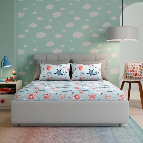 Image of Wakefit Premium Percale Weave 160 TC 100% Cotton Kids Flat Bedsheets with 2 Pillow Cover | Double - 100x90 inch | Animal Printed Soft & Breathable Double Size Bed Sheet | Coral Dive