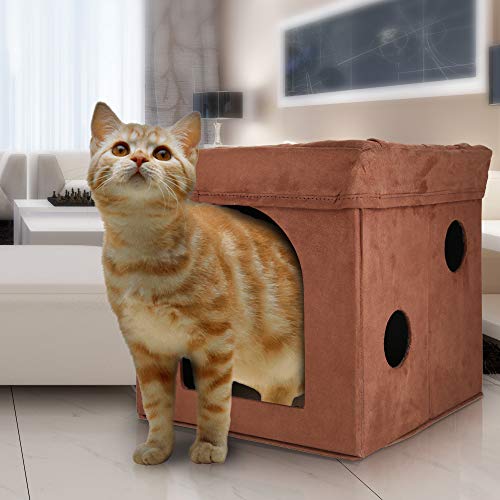 Curious Cat Condo Portable Opening Cat Play Cube Bed with Cushion Brown, Small to Medium