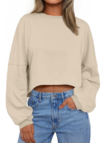 Trendy Queen Cropped Sweatshirts for Women Oversized Crewneck Sweaters Long Sleeve Tops Fall Winter Clothes 2026 Apricot XS