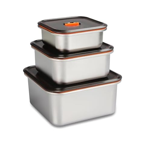Jovilife 3PCS Food Storage Containers Microwave Safe Lunch Containers with Automatic Pump 304 Stainless Steel Meal Prep Containers Set Airtight Lunch Containers Microwave Safe Freezer Safe Cover
